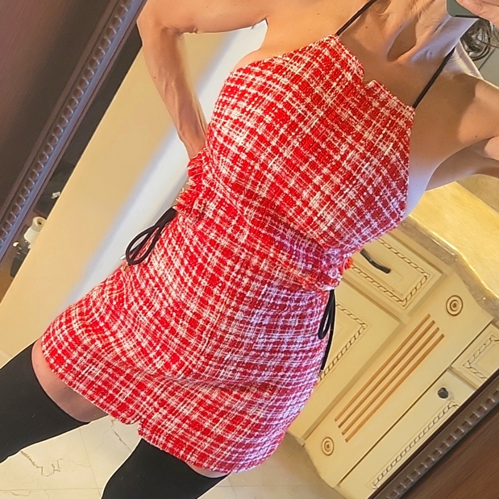 Self-Portrait Red & White Plaid Sleeveless Halter Mini Dress, Sz 0